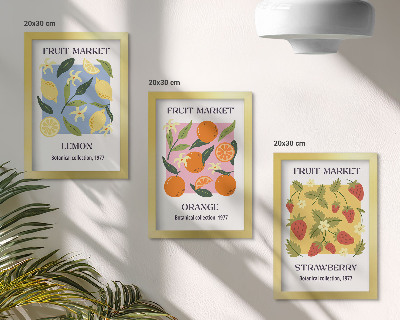 Juego de 3 cuadros decorativos Carteles de frutas con limones, naranjas y fresas.