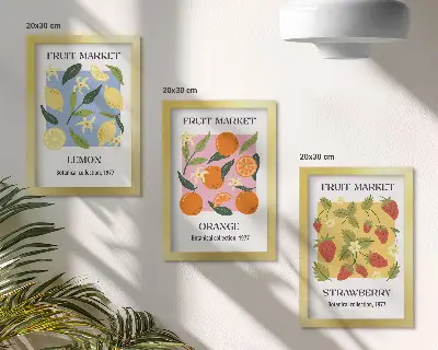 Juego de 3 cuadros decorativos con diseño de frutas de limones, naranjas y fresas