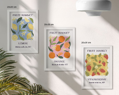 Juego de 3 cuadros decorativos Carteles de frutas con limones, naranjas y fresas.