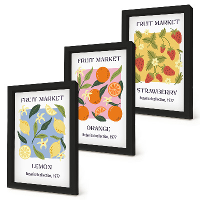 Juego de 3 cuadros decorativos Carteles de frutas con limones, naranjas y fresas.
