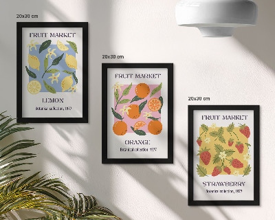Juego de 3 cuadros decorativos Carteles de frutas con limones, naranjas y fresas.