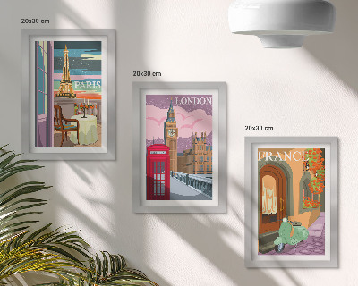Tríptico enmarcado Paisajes urbanos retro de París, Londres y Francia.