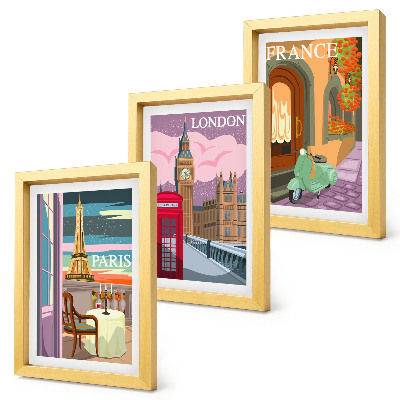 Tríptico enmarcado Paisajes urbanos retro de París, Londres y Francia.