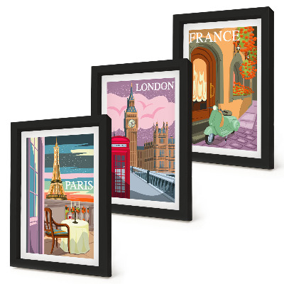Tríptico enmarcado Paisajes urbanos retro de París, Londres y Francia.