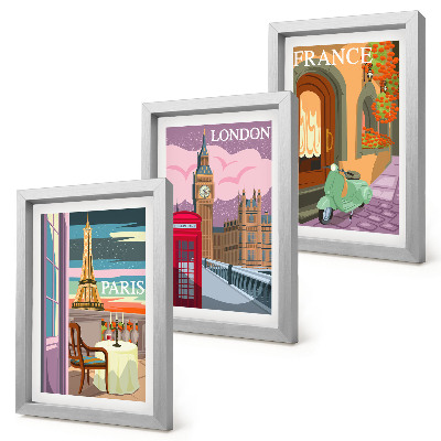 Tríptico enmarcado Paisajes urbanos retro de París, Londres y Francia.