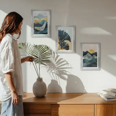 Juego de 3 cuadros decorativos con vistas estéticas abstractas de montañas y plantas