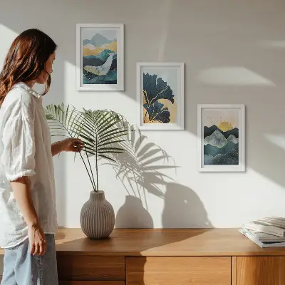 Juego de 3 cuadros decorativos con vistas estéticas abstractas de montañas y plantas