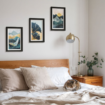 Juego de 3 cuadros decorativos Vistas estéticas abstractas con montañas y plantas.