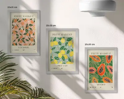 Tríptico de frutas cítricas y tropicales enmarcado con estilo retro