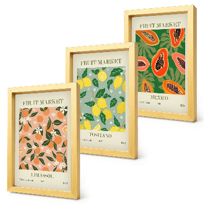 Tríptico enmarcado Frutas cítricas y tropicales al estilo retro.