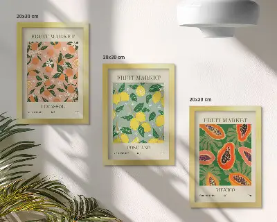 Tríptico de frutas cítricas y tropicales enmarcado con estilo retro