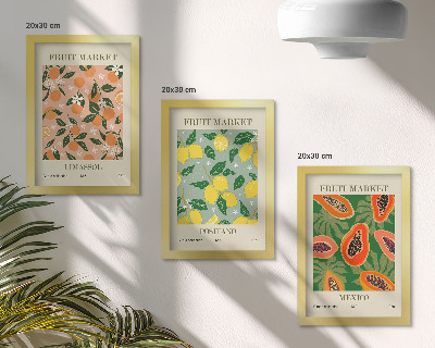 Tríptico enmarcado Frutas cítricas y tropicales al estilo retro.