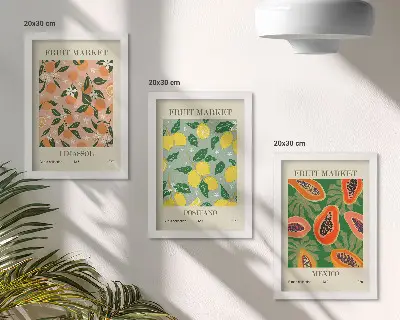 Tríptico de frutas cítricas y tropicales enmarcado con estilo retro