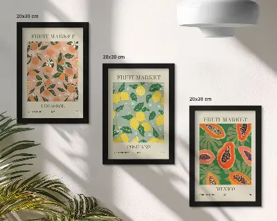 Tríptico de frutas cítricas y tropicales enmarcado con estilo retro