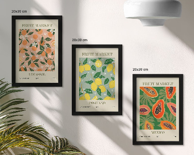 Tríptico enmarcado Frutas cítricas y tropicales al estilo retro.