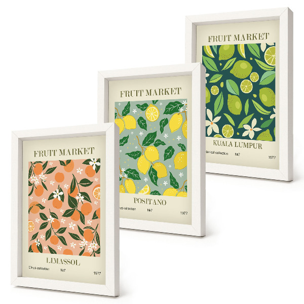 Juego de 3 cuadros decorativos Diseños frutales con cítricos y flores de estilo vintage.