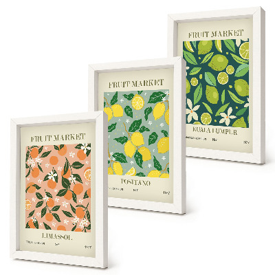 Juego de 3 cuadros decorativos Diseños frutales con cítricos y flores de estilo vintage.