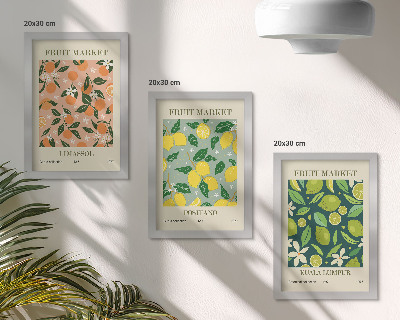 Juego de 3 cuadros decorativos Diseños frutales con cítricos y flores de estilo vintage.