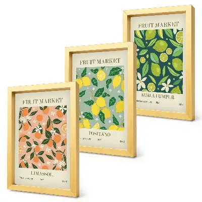Juego de 3 cuadros decorativos con diseños de cítricos y flores en estilo vintage