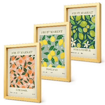 Juego de 3 cuadros decorativos Diseños frutales con cítricos y flores de estilo vintage.