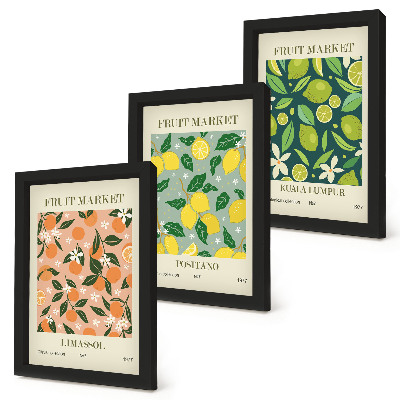 Juego de 3 cuadros decorativos Diseños frutales con cítricos y flores de estilo vintage.