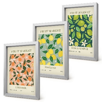 Juego de 3 cuadros decorativos Diseños frutales con cítricos y flores de estilo vintage.