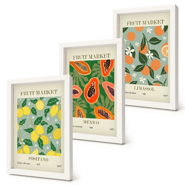 Tríptico enmarcado Carteles de frutas: limones, papayas, mandarinas, flores
