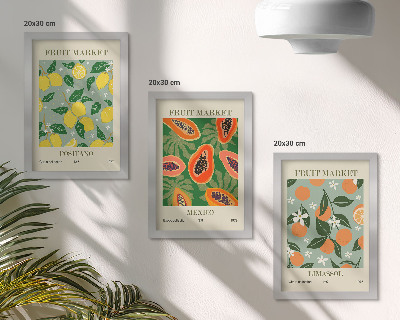 Tríptico enmarcado Carteles de frutas: limones, papayas, mandarinas, flores