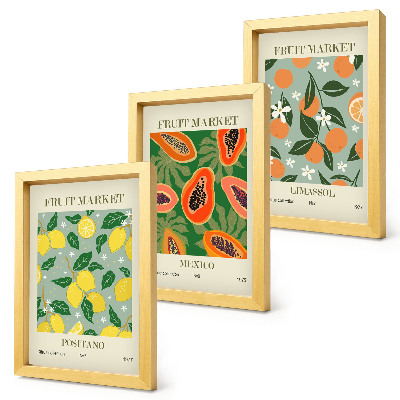 Tríptico enmarcado Carteles de frutas: limones, papayas, mandarinas, flores