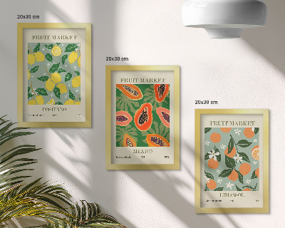 Tríptico enmarcado Carteles de frutas: limones, papayas, mandarinas, flores