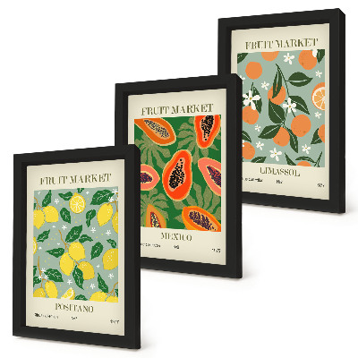 Tríptico enmarcado Carteles de frutas: limones, papayas, mandarinas, flores