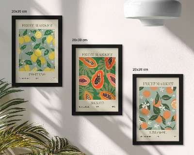 Tríptico enmarcado Carteles de frutas: limones, papayas, mandarinas, flores