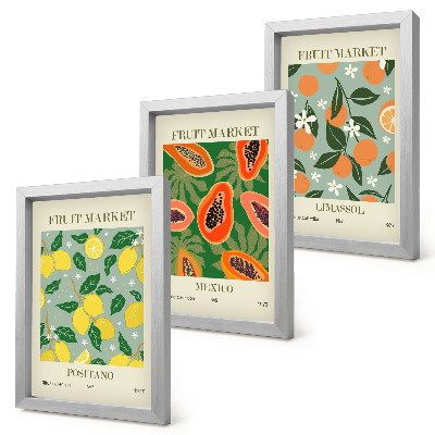 Tríptico enmarcado Carteles de frutas: limones, papayas, mandarinas, flores
