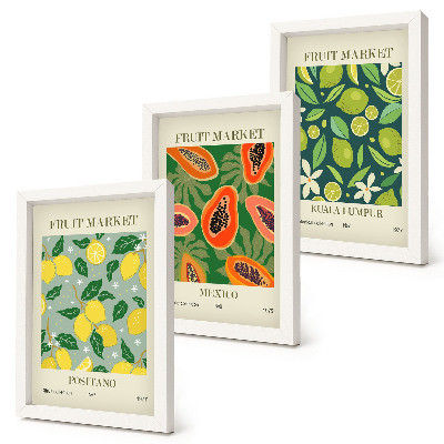 Juego de 3 cuadros decorativos Diseños frutales de limones, papayas y limas.