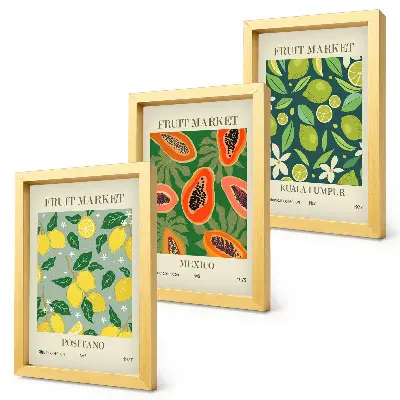 Juego de 3 cuadros decorativos con diseños frutales de limones, papayas y limas