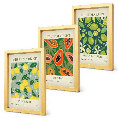 Juego de 3 cuadros decorativos Diseños frutales de limones, papayas y limas.