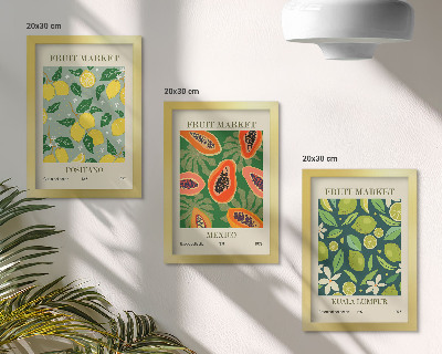 Juego de 3 cuadros decorativos Diseños frutales de limones, papayas y limas.