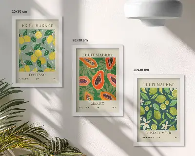 Juego de 3 cuadros decorativos con diseños frutales de limones, papayas y limas