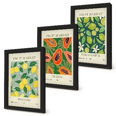 Juego de 3 cuadros decorativos Diseños frutales de limones, papayas y limas.