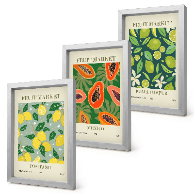Juego de 3 cuadros decorativos Diseños frutales de limones, papayas y limas.