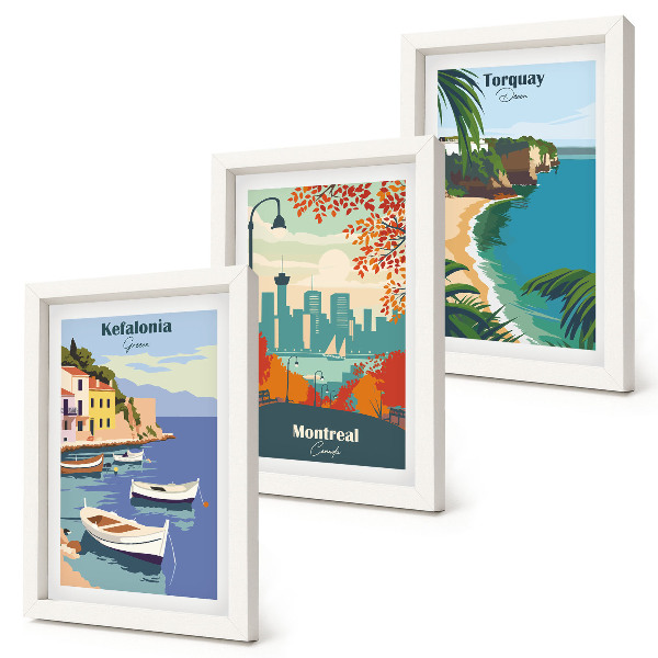 Juego de 3 cuadros decorativos Paisajes urbanos y naturales de Grecia, Canadá y Australia.