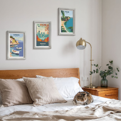 Juego de 3 cuadros decorativos Paisajes urbanos y naturales de Grecia, Canadá y Australia.