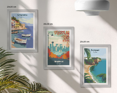 Juego de 3 cuadros decorativos Paisajes urbanos y naturales de Grecia, Canadá y Australia.