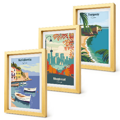 Juego de 3 cuadros decorativos Paisajes urbanos y naturales de Grecia, Canadá y Australia.