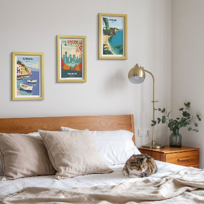 Juego de 3 cuadros decorativos Paisajes urbanos y naturales de Grecia, Canadá y Australia.