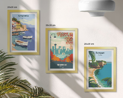Juego de 3 cuadros decorativos Paisajes urbanos y naturales de Grecia, Canadá y Australia.
