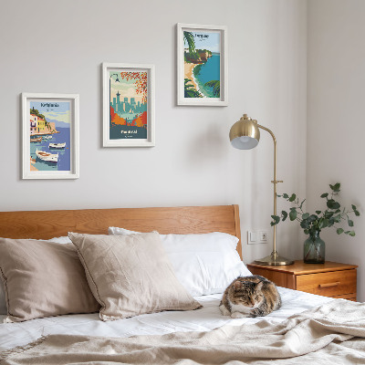 Juego de 3 cuadros decorativos Paisajes urbanos y naturales de Grecia, Canadá y Australia.