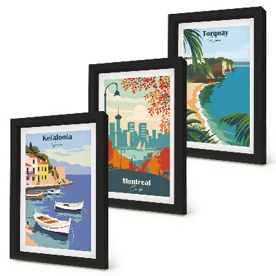 Juego de 3 cuadros decorativos Paisajes urbanos y naturales de Grecia, Canadá y Australia.