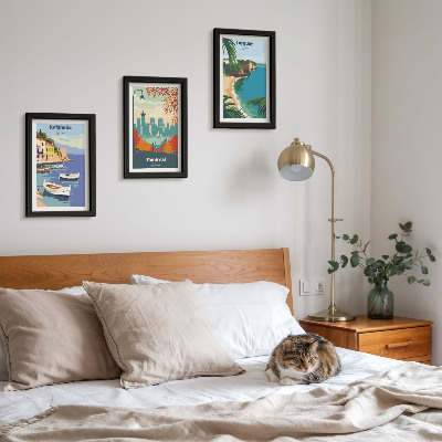 Juego de 3 cuadros decorativos Paisajes urbanos y naturales de Grecia, Canadá y Australia.