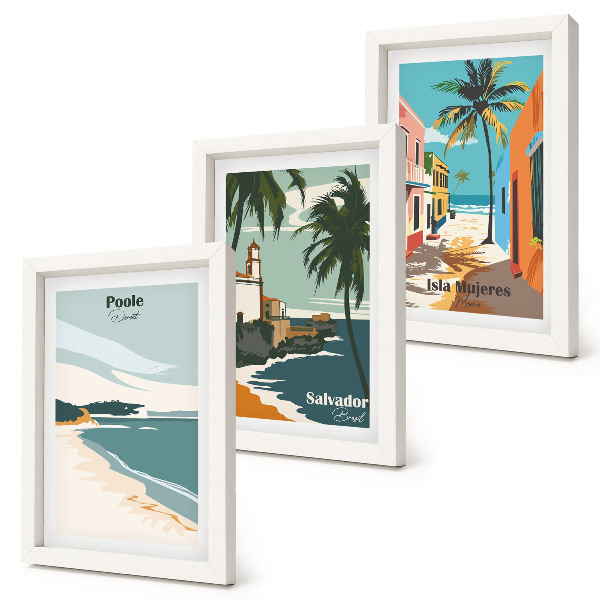 Tríptico enmarcado Paisajes tropicales con playas y palmeras.